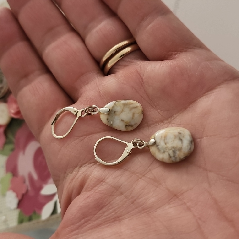 VINTAGE Sterling Silver Raw Stone Earrings Copper Dainty Artisan Marble Boho - Picture 2 of 12